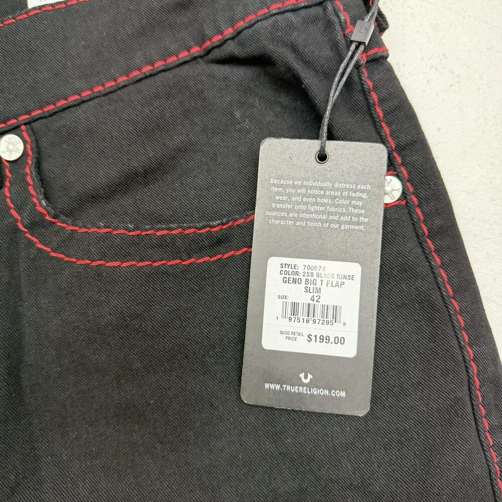 True Religion Geno Big T Flap Jeans Mens 42x32 Black Rinse Slim Denim Pants